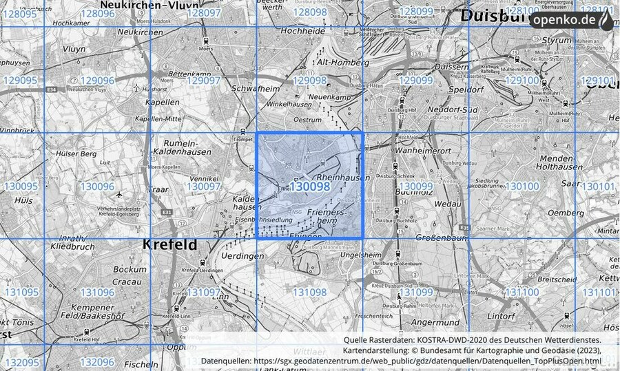 Übersichtskarte des KOSTRA-DWD-2020-Rasterfeldes Nr. 130098