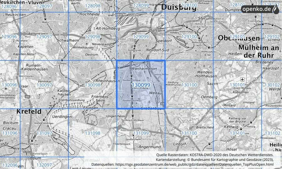 Übersichtskarte des KOSTRA-DWD-2020-Rasterfeldes Nr. 130099