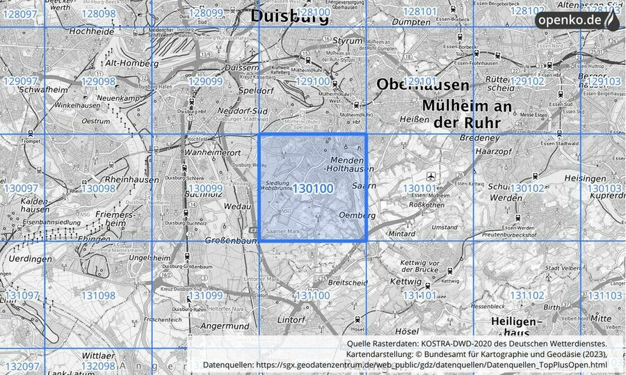 Übersichtskarte des KOSTRA-DWD-2020-Rasterfeldes Nr. 130100