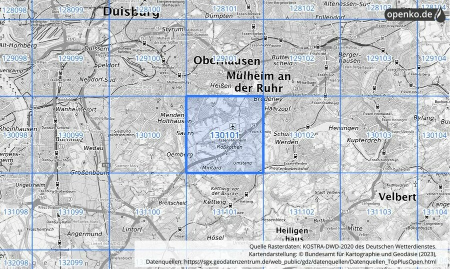 Übersichtskarte des KOSTRA-DWD-2020-Rasterfeldes Nr. 130101