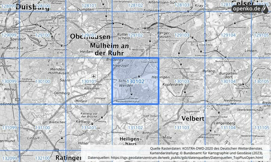 Übersichtskarte des KOSTRA-DWD-2020-Rasterfeldes Nr. 130102