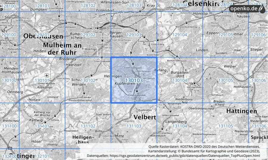 Übersichtskarte des KOSTRA-DWD-2020-Rasterfeldes Nr. 130103