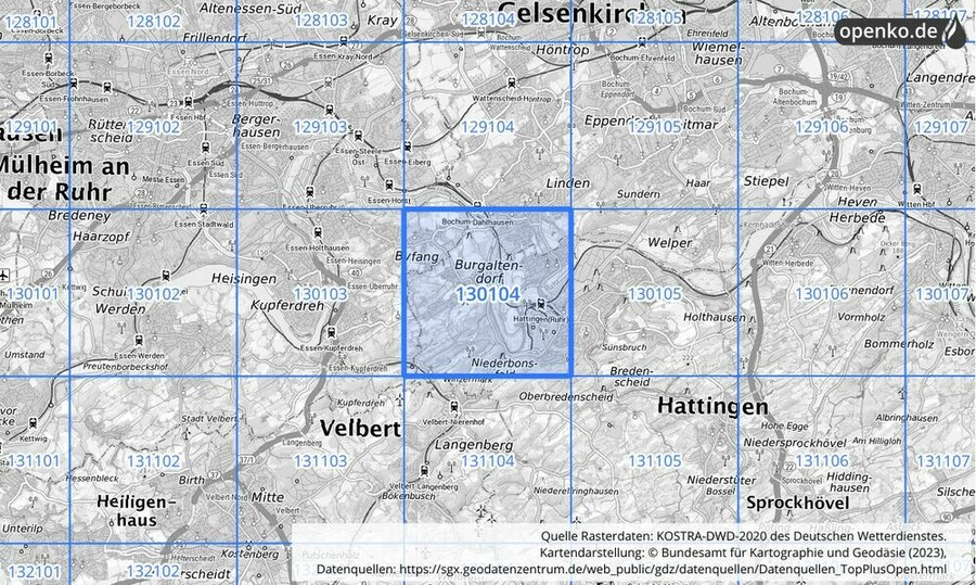 Übersichtskarte des KOSTRA-DWD-2020-Rasterfeldes Nr. 130104