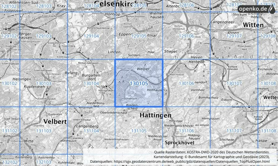 Übersichtskarte des KOSTRA-DWD-2020-Rasterfeldes Nr. 130105