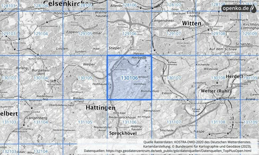 Übersichtskarte des KOSTRA-DWD-2020-Rasterfeldes Nr. 130106