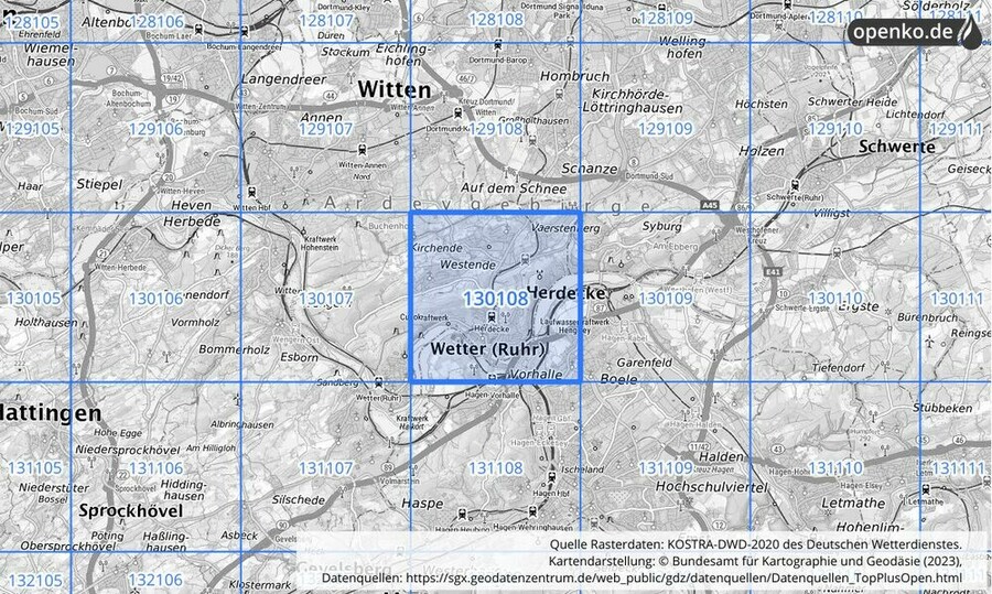 Übersichtskarte des KOSTRA-DWD-2020-Rasterfeldes Nr. 130108