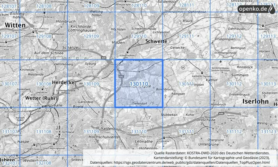 Übersichtskarte des KOSTRA-DWD-2020-Rasterfeldes Nr. 130110