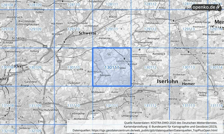 Übersichtskarte des KOSTRA-DWD-2020-Rasterfeldes Nr. 130111