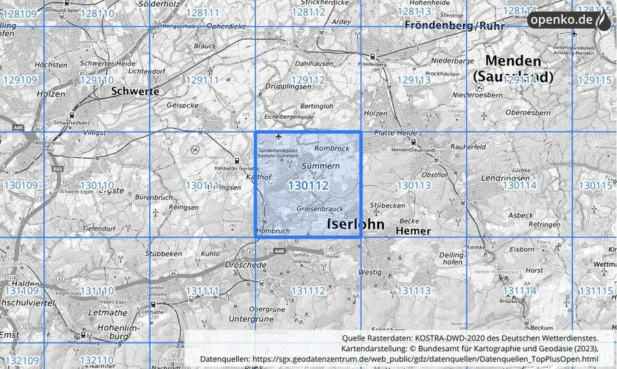 Übersichtskarte des KOSTRA-DWD-2020-Rasterfeldes Nr. 130112