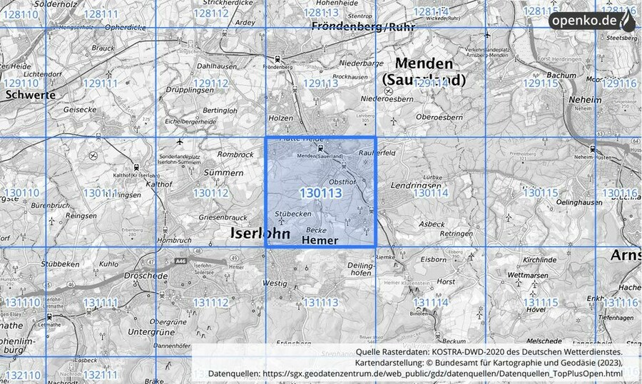 Übersichtskarte des KOSTRA-DWD-2020-Rasterfeldes Nr. 130113