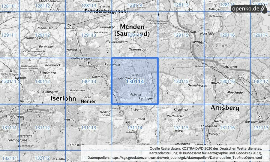 Übersichtskarte des KOSTRA-DWD-2020-Rasterfeldes Nr. 130114