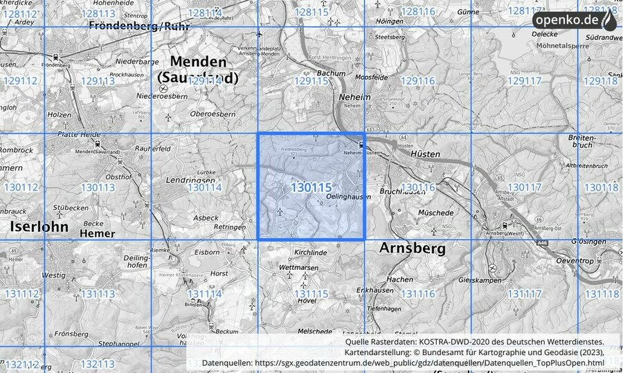 Übersichtskarte des KOSTRA-DWD-2020-Rasterfeldes Nr. 130115