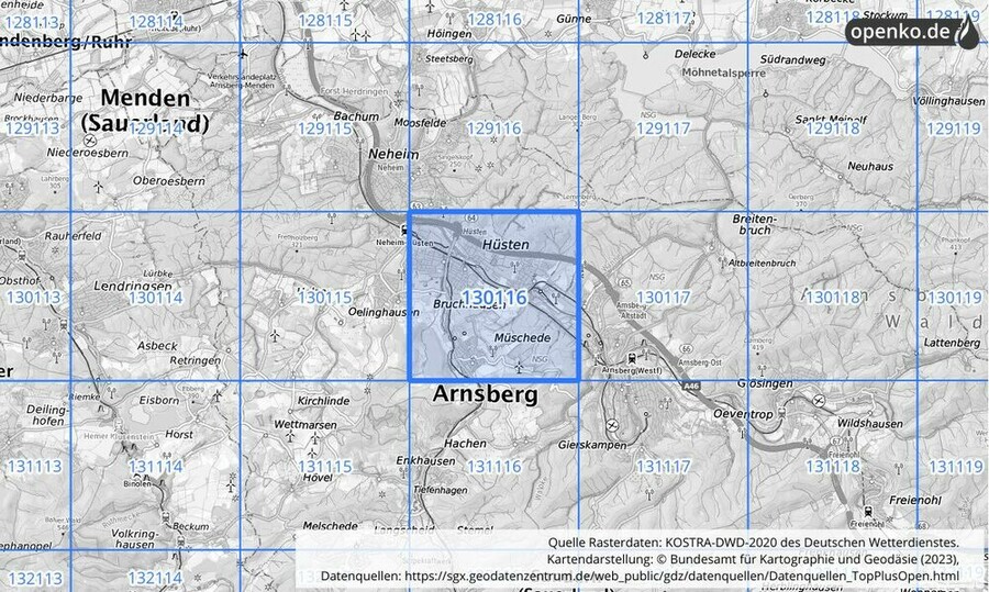 Übersichtskarte des KOSTRA-DWD-2020-Rasterfeldes Nr. 130116