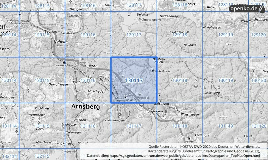 Übersichtskarte des KOSTRA-DWD-2020-Rasterfeldes Nr. 130117