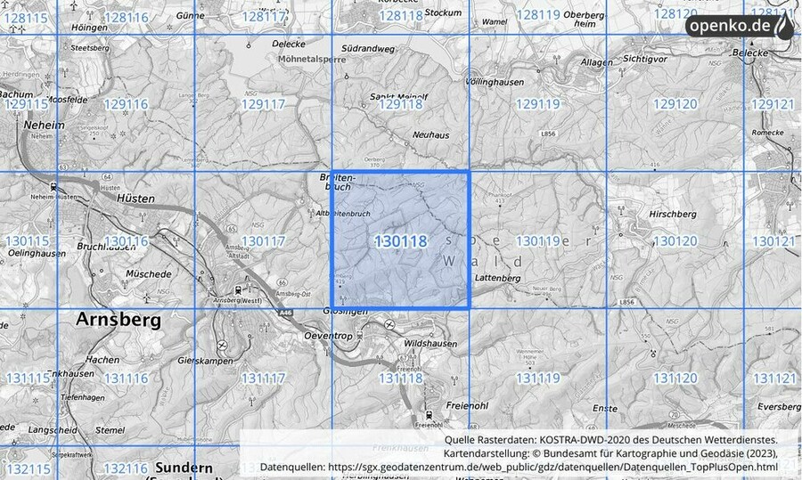 Übersichtskarte des KOSTRA-DWD-2020-Rasterfeldes Nr. 130118