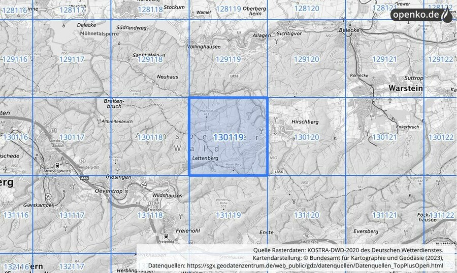 Übersichtskarte des KOSTRA-DWD-2020-Rasterfeldes Nr. 130119