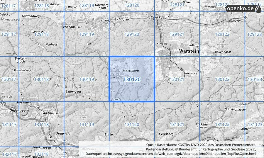 Übersichtskarte des KOSTRA-DWD-2020-Rasterfeldes Nr. 130120