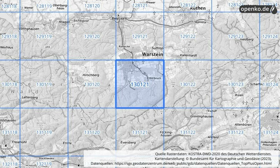 Übersichtskarte des KOSTRA-DWD-2020-Rasterfeldes Nr. 130121