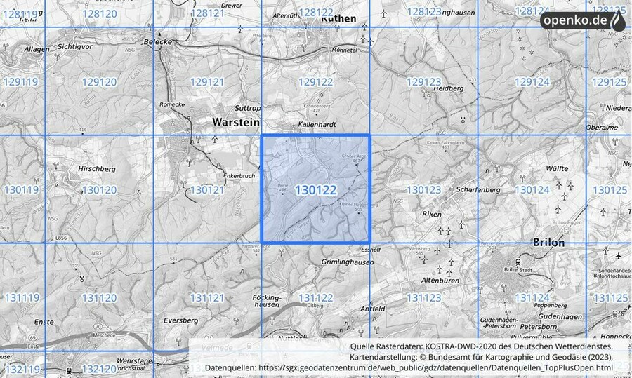 Übersichtskarte des KOSTRA-DWD-2020-Rasterfeldes Nr. 130122