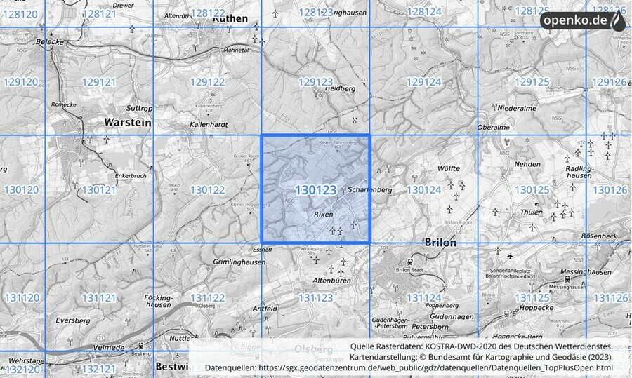 Übersichtskarte des KOSTRA-DWD-2020-Rasterfeldes Nr. 130123