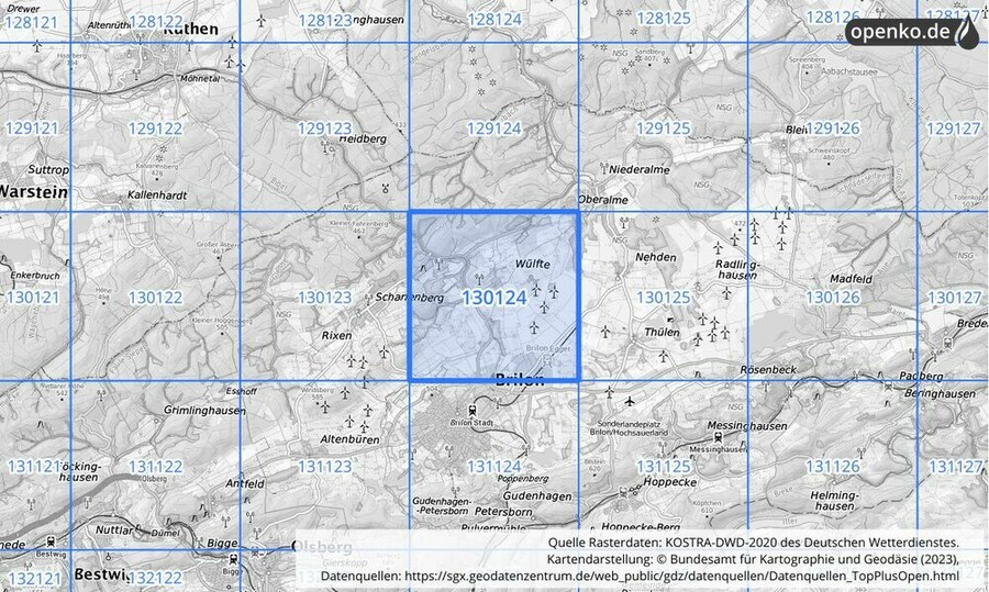 Übersichtskarte des KOSTRA-DWD-2020-Rasterfeldes Nr. 130124