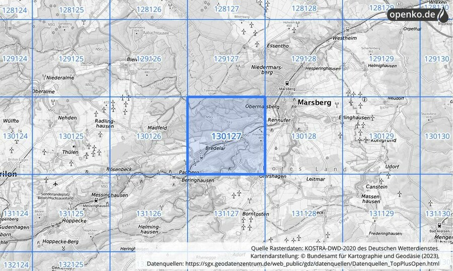 Übersichtskarte des KOSTRA-DWD-2020-Rasterfeldes Nr. 130127