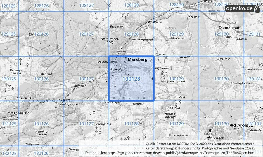 Übersichtskarte des KOSTRA-DWD-2020-Rasterfeldes Nr. 130128