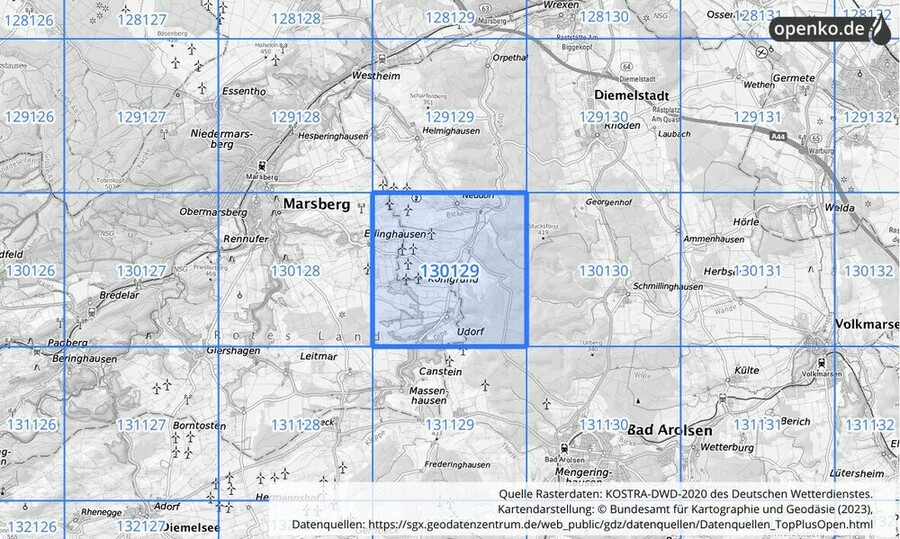 Übersichtskarte des KOSTRA-DWD-2020-Rasterfeldes Nr. 130129