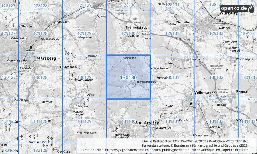 Übersichtskarte des KOSTRA-DWD-2020-Rasterfeldes Nr. 130130