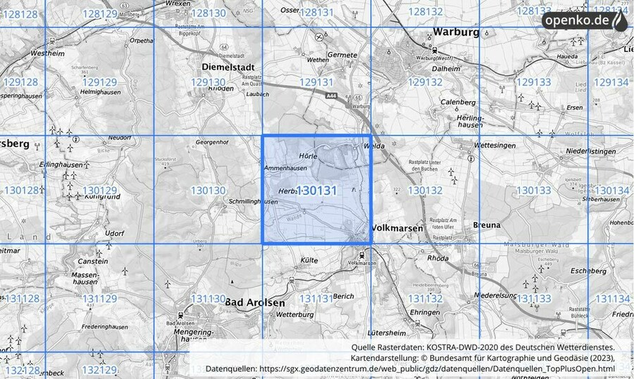 Übersichtskarte des KOSTRA-DWD-2020-Rasterfeldes Nr. 130131