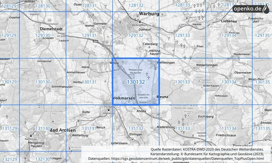 Übersichtskarte des KOSTRA-DWD-2020-Rasterfeldes Nr. 130132