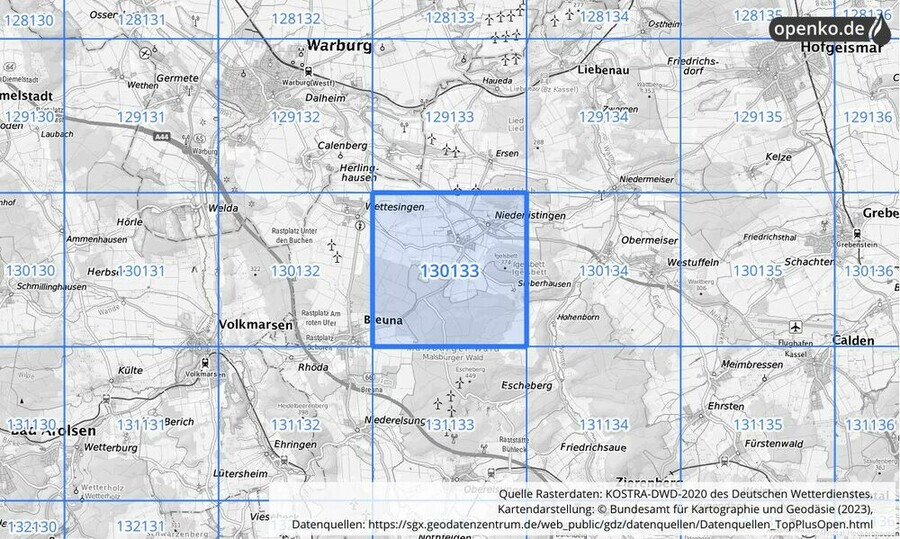 Übersichtskarte des KOSTRA-DWD-2020-Rasterfeldes Nr. 130133