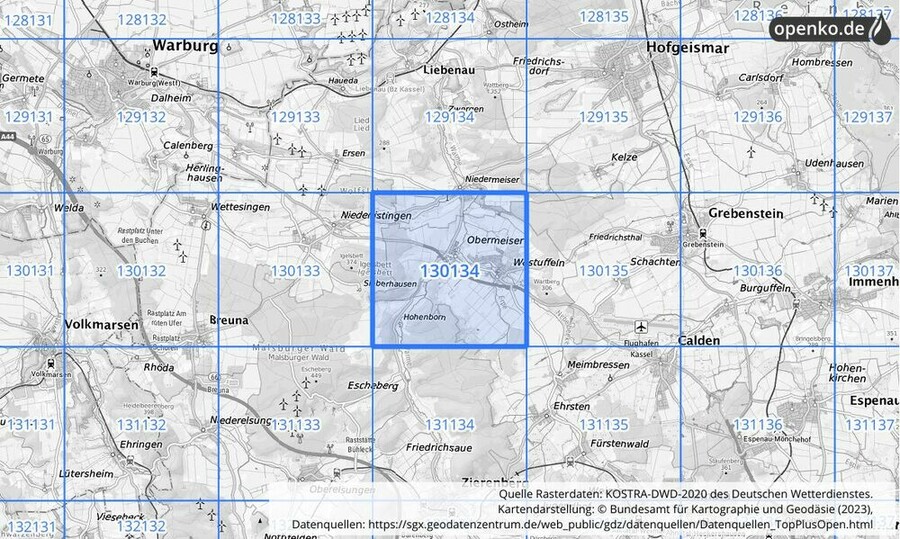 Übersichtskarte des KOSTRA-DWD-2020-Rasterfeldes Nr. 130134