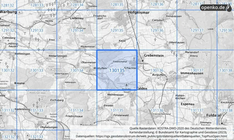 Übersichtskarte des KOSTRA-DWD-2020-Rasterfeldes Nr. 130135