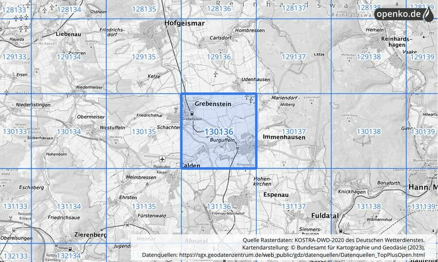 Übersichtskarte des KOSTRA-DWD-2020-Rasterfeldes Nr. 130136