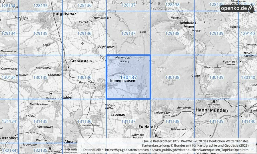 Übersichtskarte des KOSTRA-DWD-2020-Rasterfeldes Nr. 130137