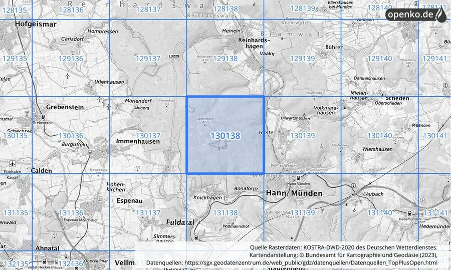 Übersichtskarte des KOSTRA-DWD-2020-Rasterfeldes Nr. 130138