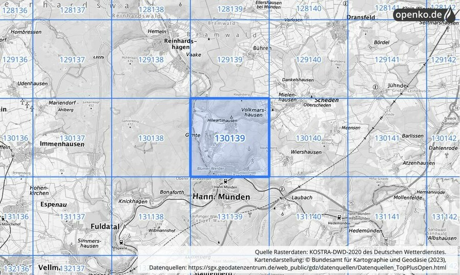 Übersichtskarte des KOSTRA-DWD-2020-Rasterfeldes Nr. 130139