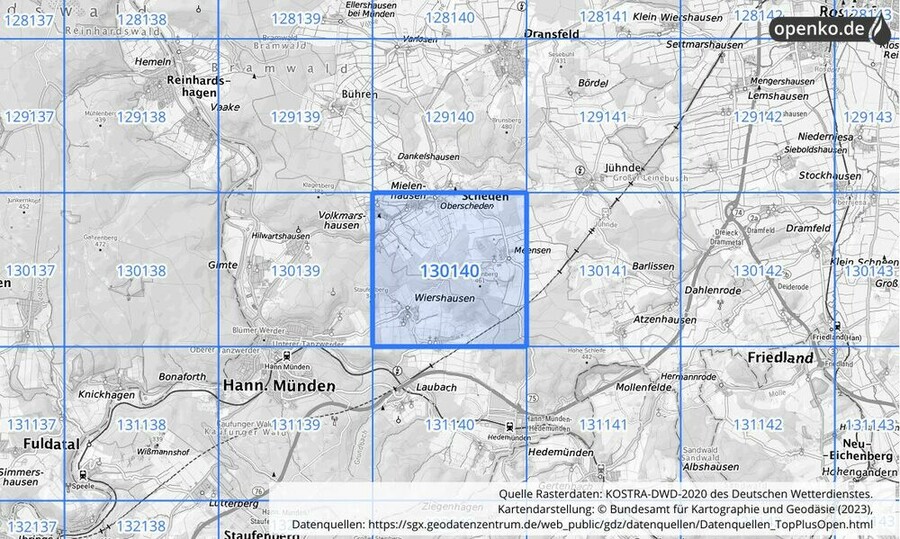 Übersichtskarte des KOSTRA-DWD-2020-Rasterfeldes Nr. 130140