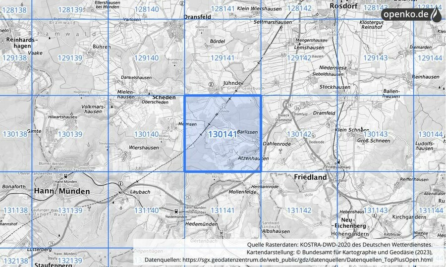 Übersichtskarte des KOSTRA-DWD-2020-Rasterfeldes Nr. 130141