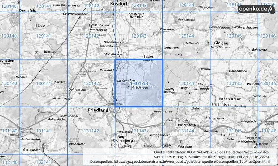 Übersichtskarte des KOSTRA-DWD-2020-Rasterfeldes Nr. 130143