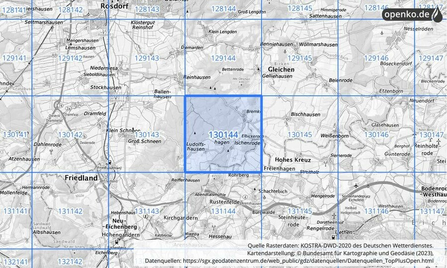 Übersichtskarte des KOSTRA-DWD-2020-Rasterfeldes Nr. 130144