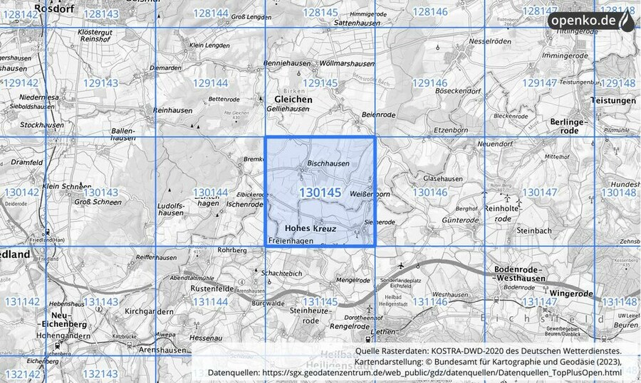 Übersichtskarte des KOSTRA-DWD-2020-Rasterfeldes Nr. 130145