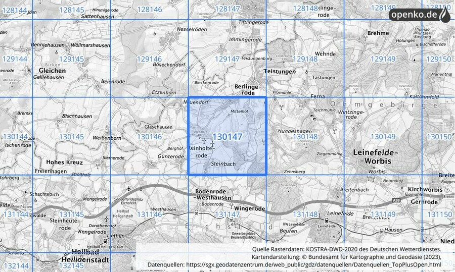 Übersichtskarte des KOSTRA-DWD-2020-Rasterfeldes Nr. 130147