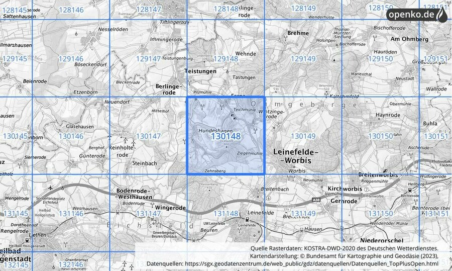 Übersichtskarte des KOSTRA-DWD-2020-Rasterfeldes Nr. 130148