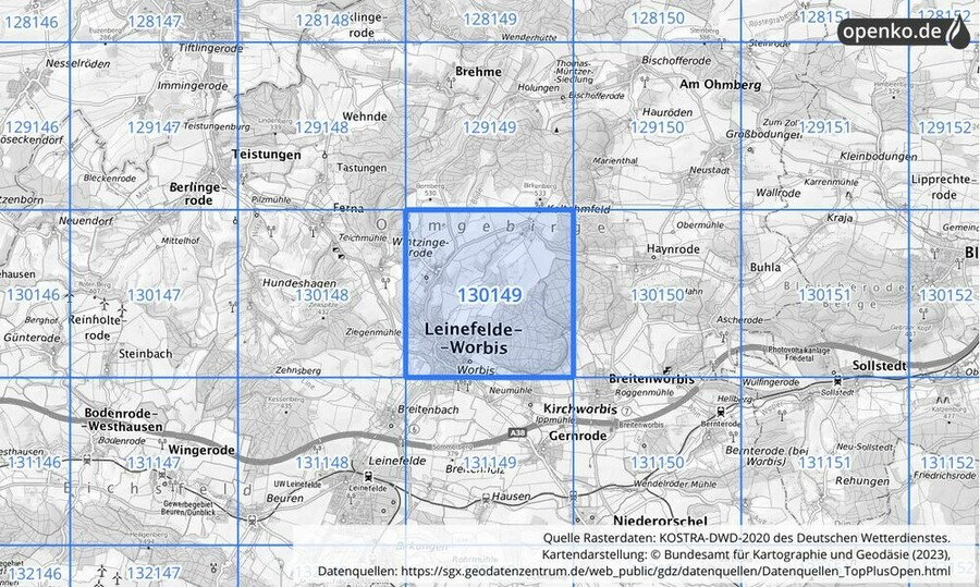 Übersichtskarte des KOSTRA-DWD-2020-Rasterfeldes Nr. 130149