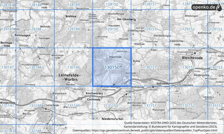 Übersichtskarte des KOSTRA-DWD-2020-Rasterfeldes Nr. 130150