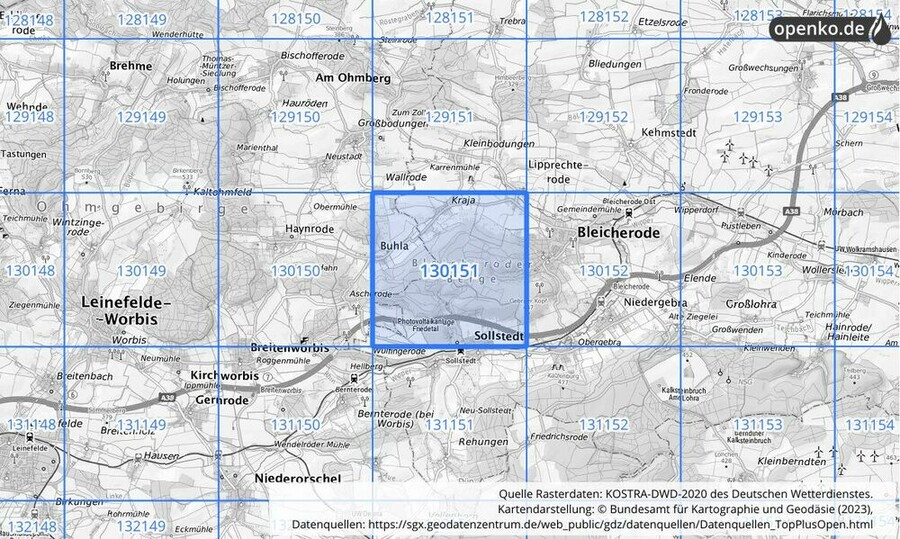 Übersichtskarte des KOSTRA-DWD-2020-Rasterfeldes Nr. 130151