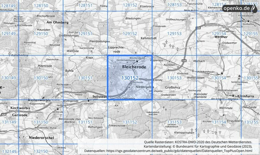 Übersichtskarte des KOSTRA-DWD-2020-Rasterfeldes Nr. 130152