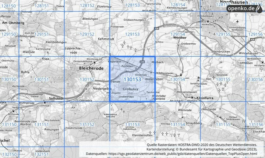 Übersichtskarte des KOSTRA-DWD-2020-Rasterfeldes Nr. 130153